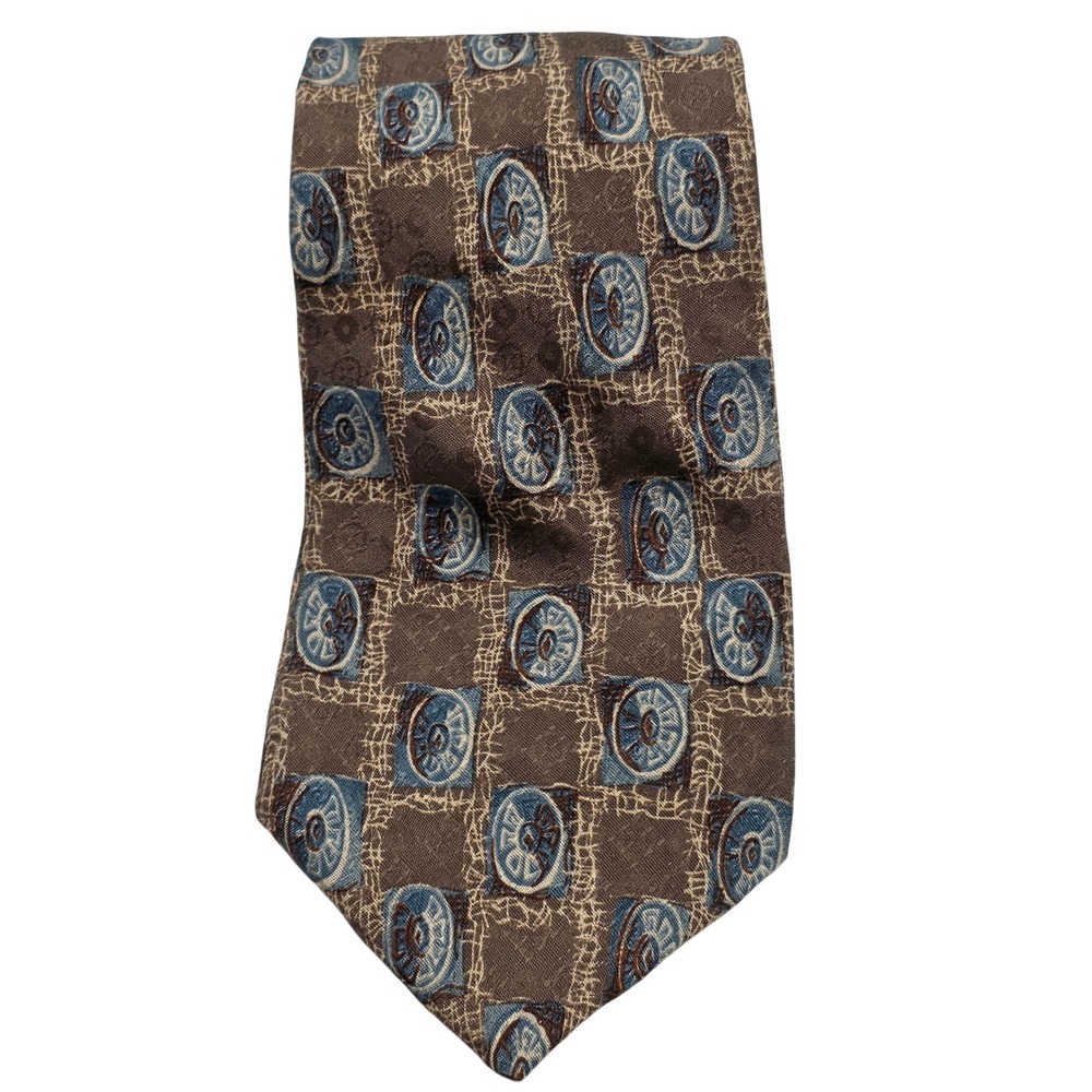 Status Necktie Mens OS Brown Blue Geometric Silk Made in USA Business Tie 3.75